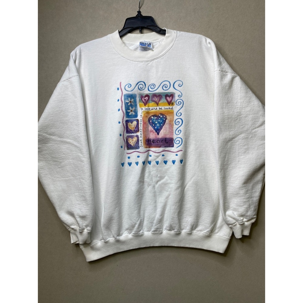 Vintage Gildan Trinity Designs Heart Graphic Sweatshirt White Womens Large